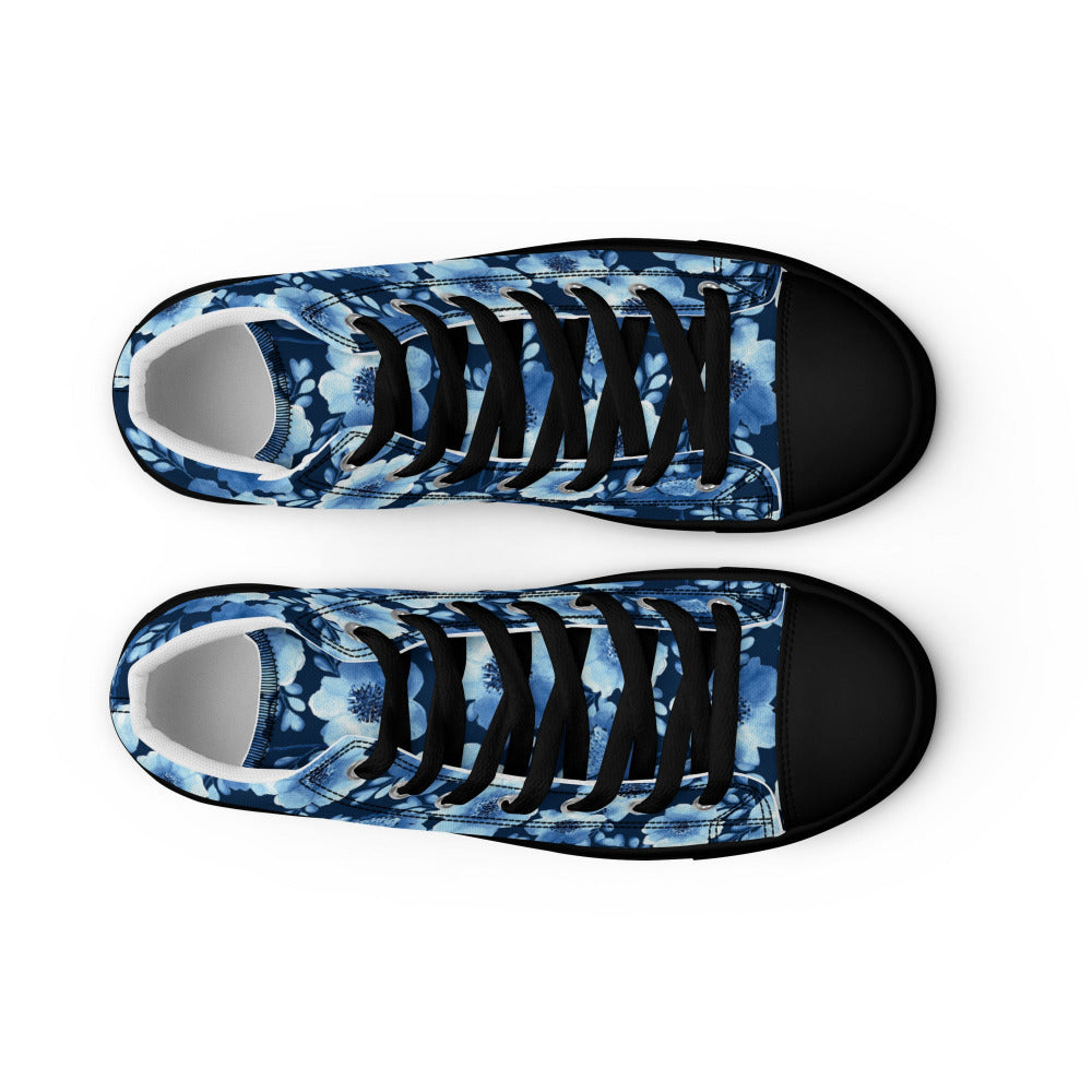 True Blue Floral Women’s High Top Sneakers - Black Color - https://ascensionemporium.net